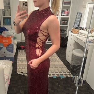 Red burgundy sequin high neck long dress